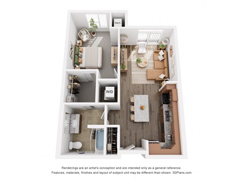 Floor plan for 1 bed, 1 bath, 711 sqft
